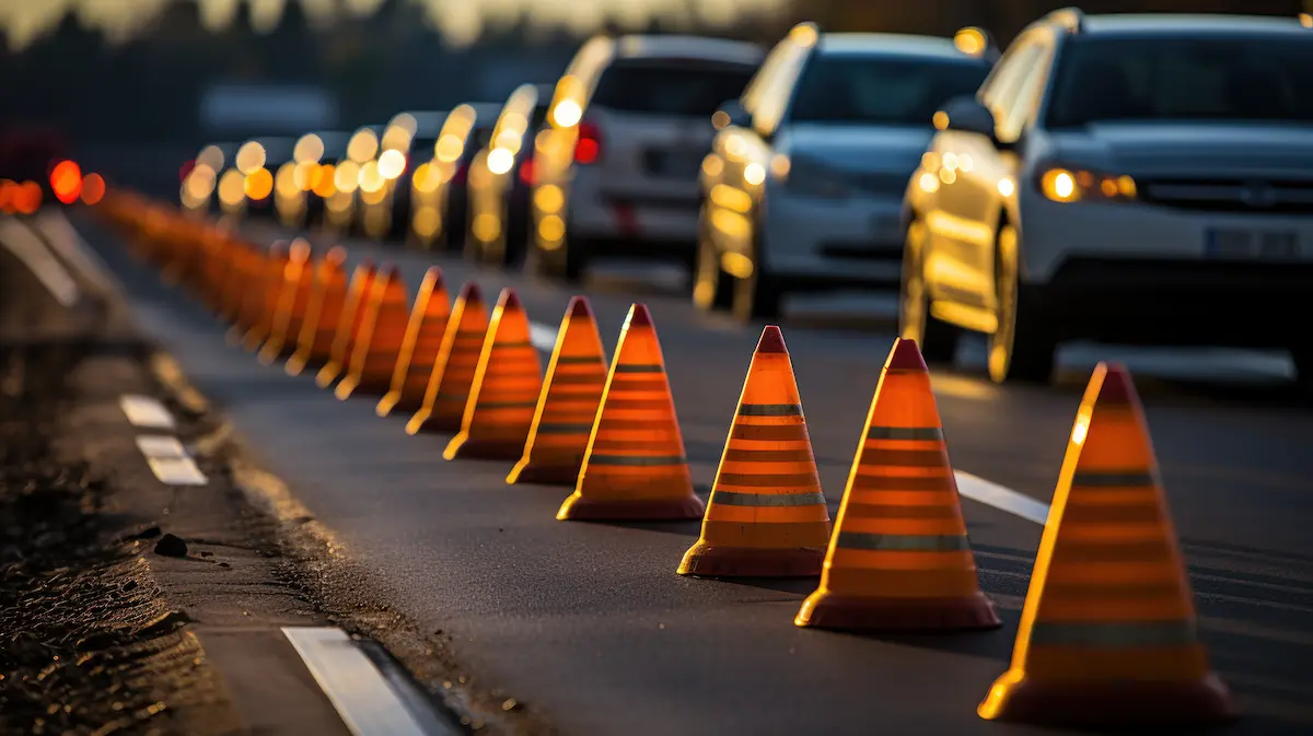 traffic-cones-arranged-beside-car-street